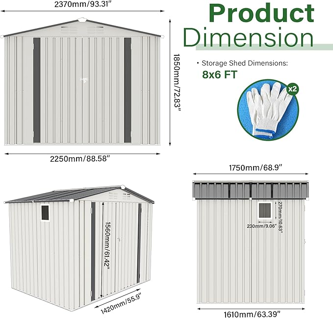 8 x 6 FT Outdoor Storage Shed, Metal Garden Tool Shed - Image 9