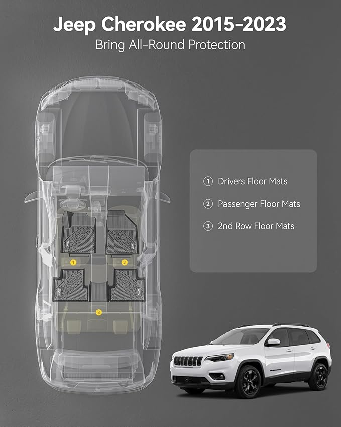 3W Floor Mats Fit for Jeep Cherokee 2015-2023 TPE Floor Liner 1st and 2nd Row - Image 2
