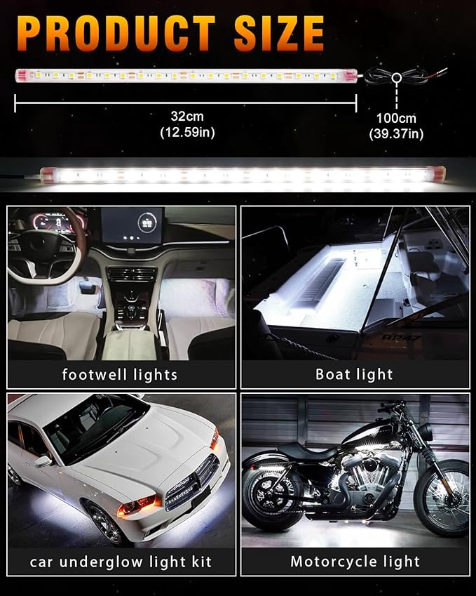 Qasim 12V Led Light Strip Waterproof 32CM White Golf Cart Underglow Led Lights - Image 2