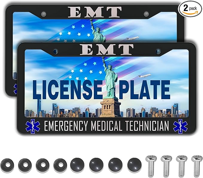 License Plate Bracket Black and White License Plate Frames EMT Emergency by Unknown