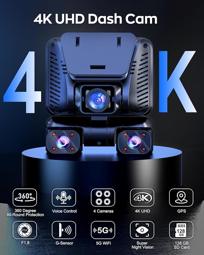 4K Dash Cam 360° View, 4 Channel Front and Rear Dash Camera - Image 3