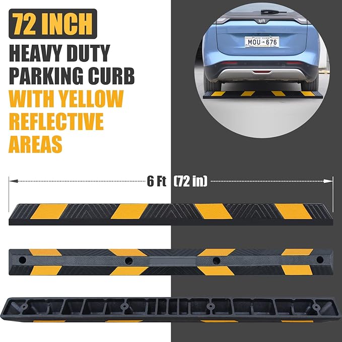 72" in 6' Ft Heavy-duty Rubber Parking Curb, Installation Kits Included - Image 2