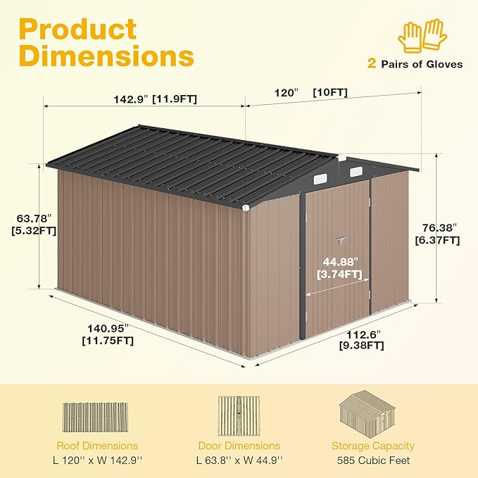 10x12 FT Outdoor Storage Shed Heavy-Duty Galvanized Steel Metal Garden Shed - Image 3