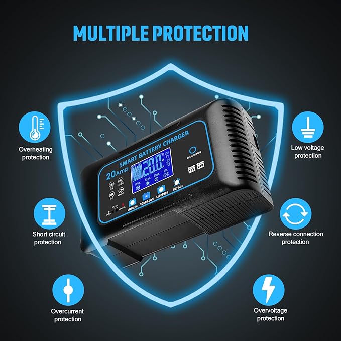 20-AMP Car Battery Charger, 12V 20A and 24V 10A Smart Automotive Charger - Image 8
