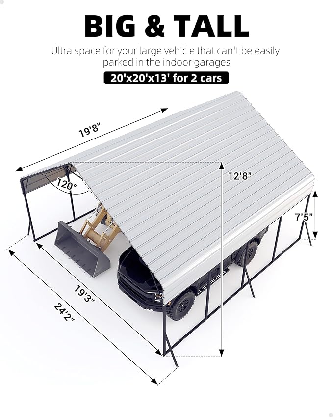 20'x20'x13' Metal Carport for 2 Cars, Heavy Duty Steel Frame for All Weather - Image 4