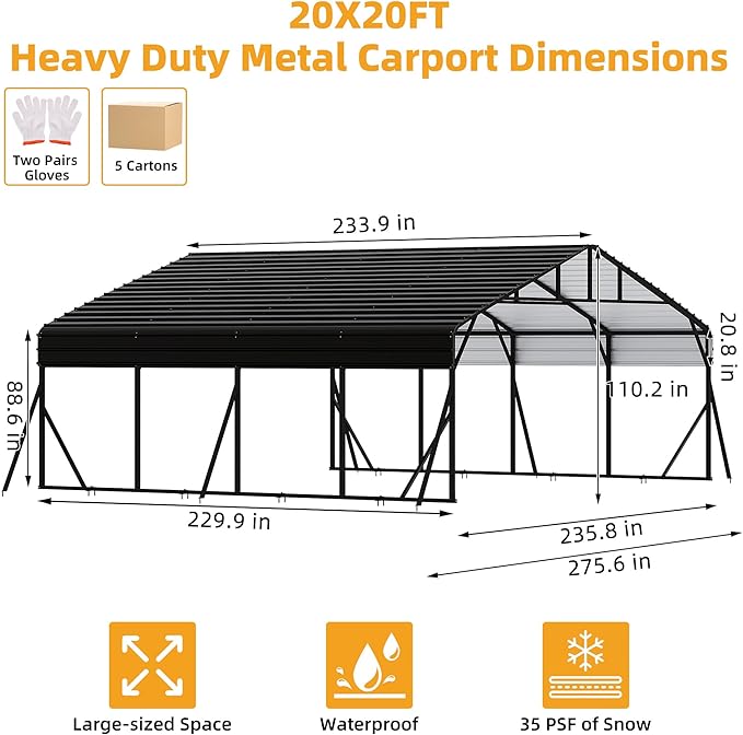 20 x 20 FT Metal Carport with Galvanized Steel Roof, Heavy Duty Metal Roof - Image 2