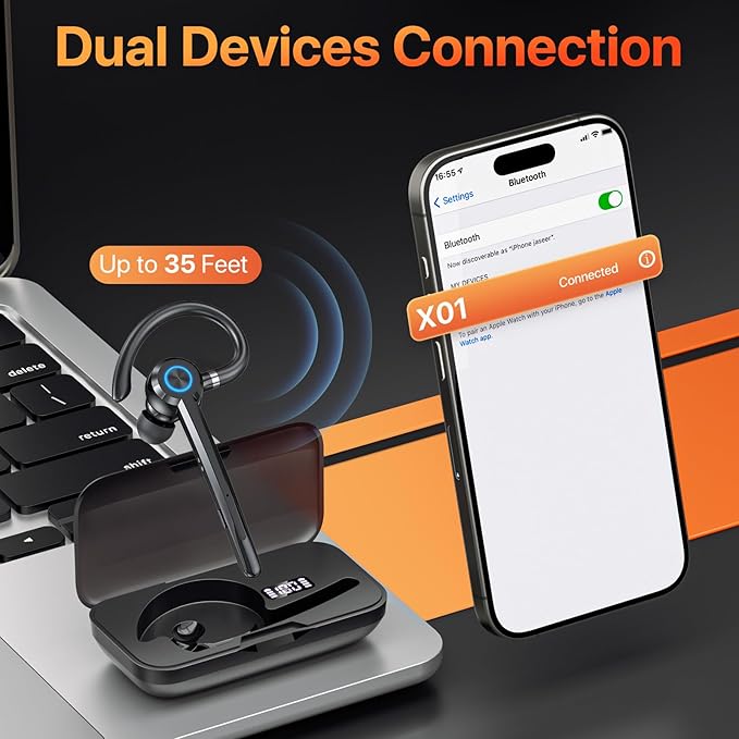 Bluetooth Headset with Microphone, V5.4 Bluetooth Earpiece with Charing Case - Image 6