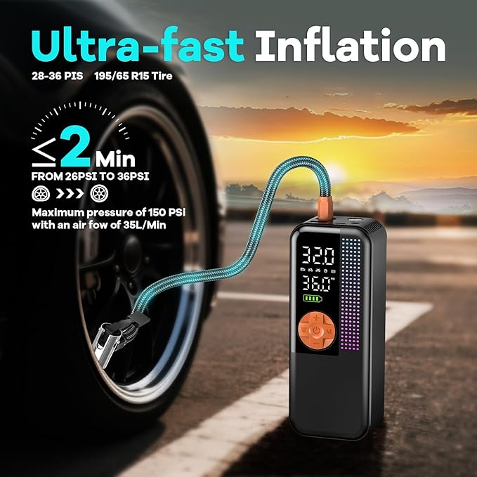 Portable Tire Inflator Air Compressor, 150 PSI Cordless Air Pump, 6000mAh - Image 3