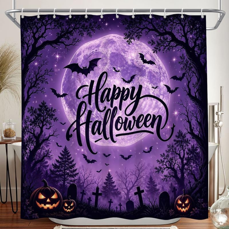 Extra Long Shower Curtain 72x84 Inch Spooky Halloween Shower Curtain Full Moon Horror Forest Scary Pumpkin Bathtub Curtains for Bathroom Halloween Home Decor with 14 Hooks by Duluxykl