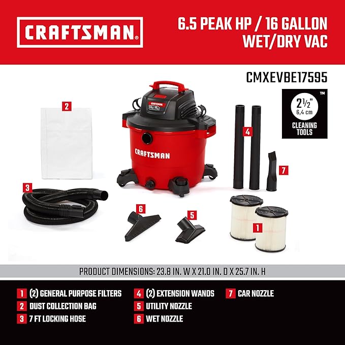CRAFTSMAN CMXEVBE17595 16 Gallon 6.5 Peak HP Wet/Dry Vac, Heavy-Duty Shop Vacuum - Image 3