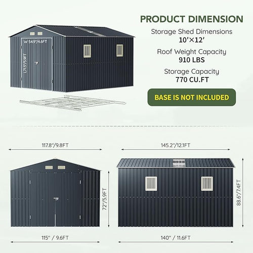 10x12 FT Outdoor Metal Storage Shed, Double Swing Doors, 2 Clear Windows - Image 2