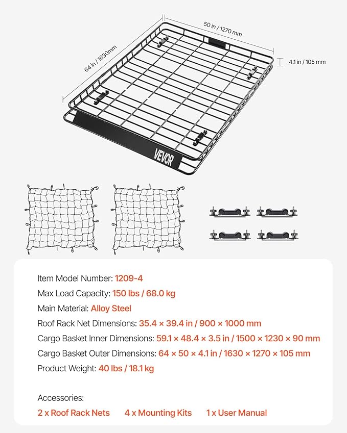 VEVOR Roof Rack Basket, Universal Rooftop Cargo Carrier - Image 7