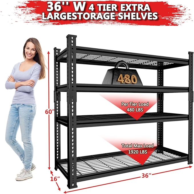 Storage Shelves, Garage Shelving Heavy Duty 1920LBS Capacity, 4 Tier Utility - Image 3