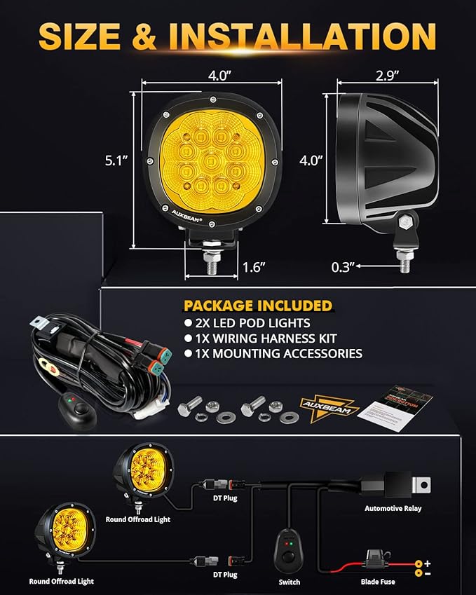 Auxbeam P4 Series Flood Beam Amber Round Light Pods, 4 Inch 90W Yellow Flood - Image 5