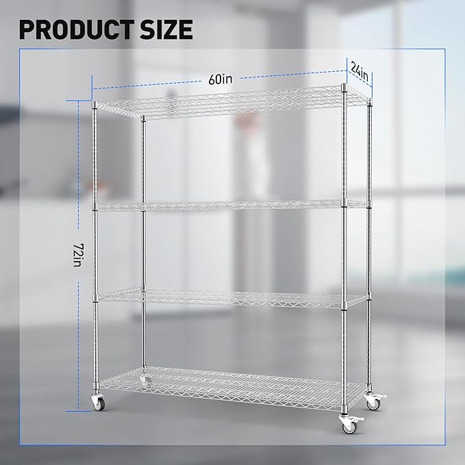 Rengue Wire Shelving with Wheels, 4-Tier Heavy Duty Garage Storage Shelves - Image 3