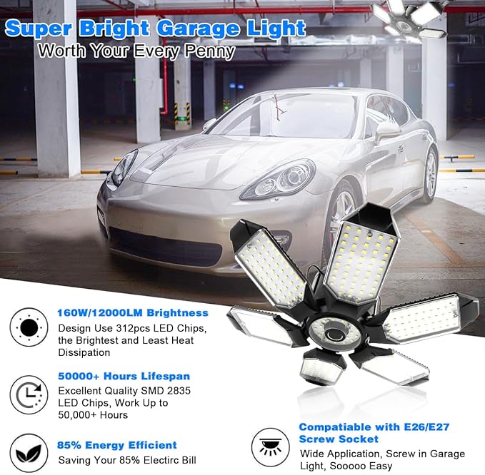 LED Garage Light - 160W Garage Light Bulb 64000LM 6500K Super Bright Garage - Image 2