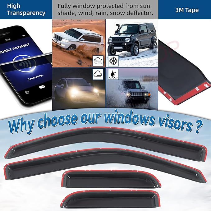Set of 4 Front+Rear Smoke Sun Rain Guard Outside Mount Tape-On Acrylic Window - Image 2