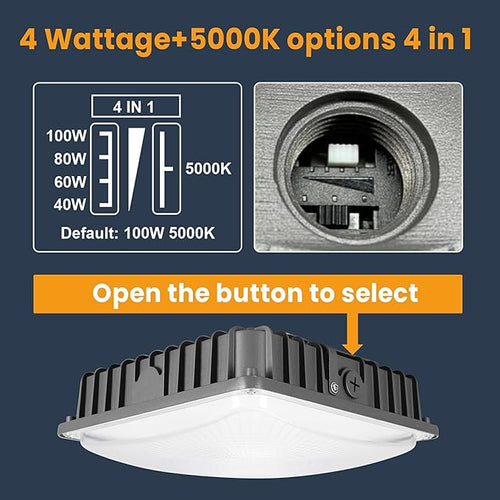 100W LED Canopy Lights 4Pack, 40/60/80/100W Selectable, 15000LM 5000K Square - Image 2