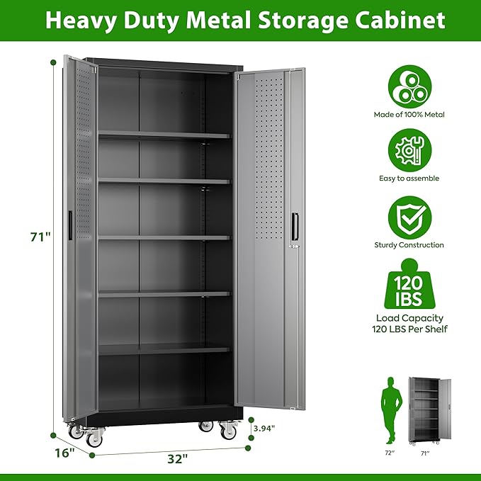 Garage Storage Cabinet with Pegboard and 5 Adjustable Shelves, Tool Storage - Image 3