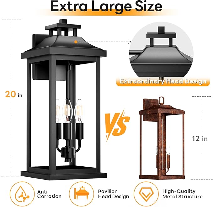 Large Outdoor Light 3-Light 20" Black Exterior Lighting Fixture, Modern Outside - Image 4