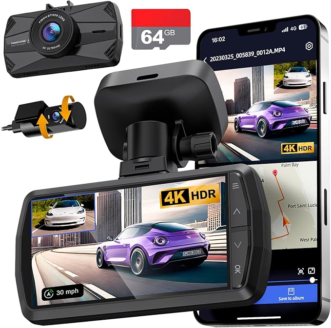 4K Dash Cam Front and Rear, Built-in WiFi GPS, 3.3"IPS Screen, HDR Night Vision by YEECORE
