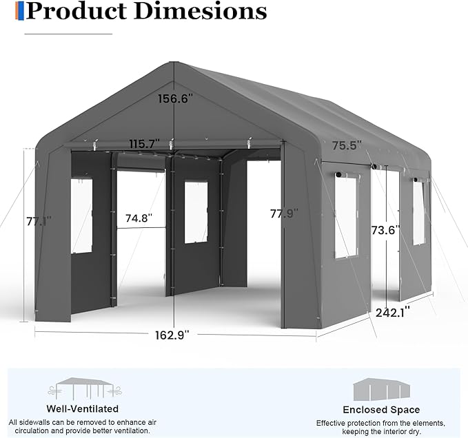 Carport, 13‘ x 20’ Heavy Duty Portable Garage All-Season Car Canopy w/Removable - Image 5