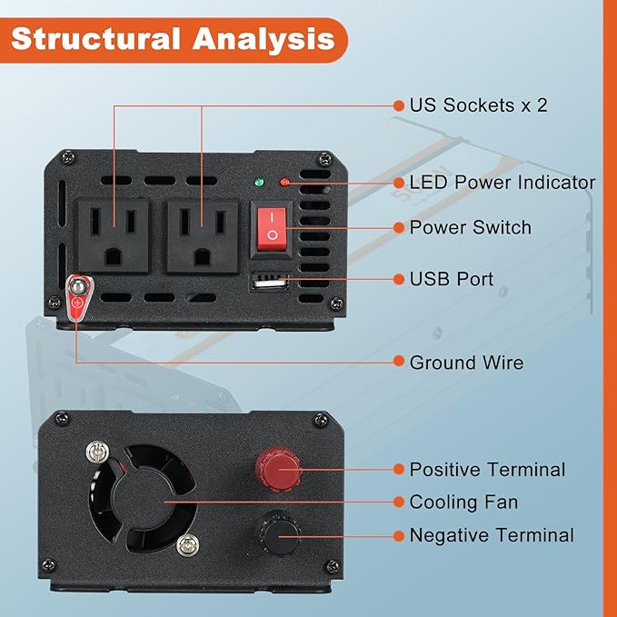 500W Power Inverter, DC 12V to 120V AC Converter - Image 2