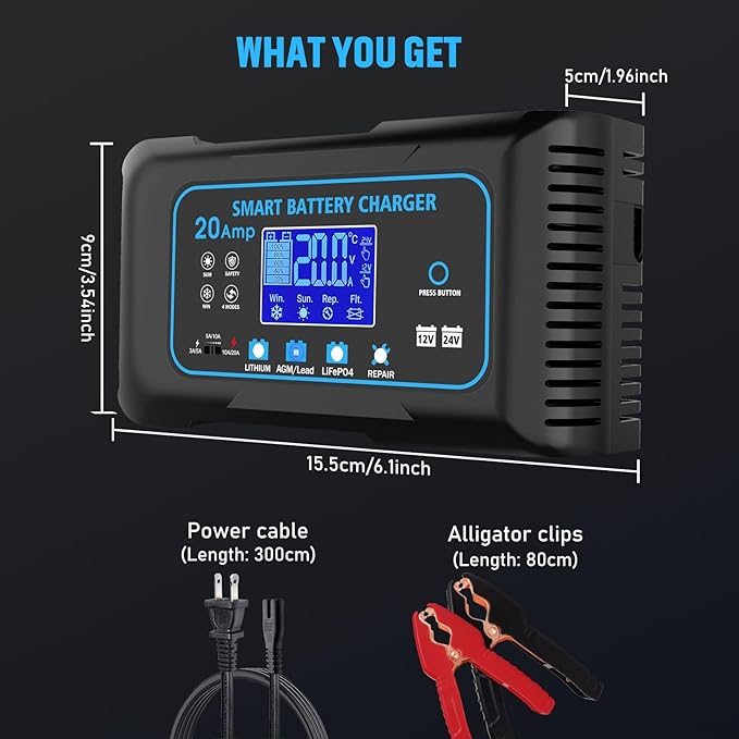 20-AMP Car Battery Charger, 12V 20A and 24V 10A Smart Automotive Charger - Image 7