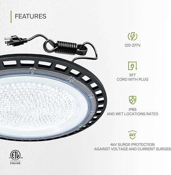 ASD LED High Bay UFO Light Fixture, Commercial Shop Lighting | Plug & Play Cable - Image 3