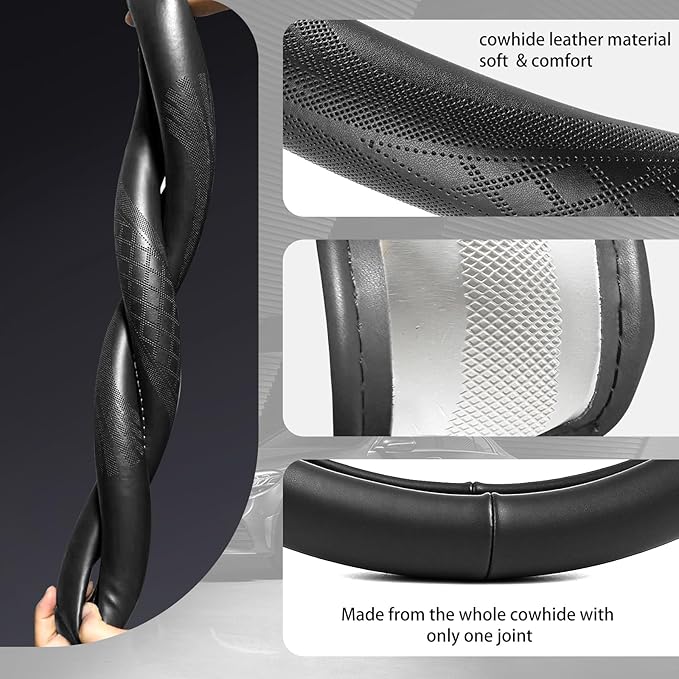 【2025 Model】 High-Grade Real Cowhide Steering Wheel Cover，Black Genuine Leather - Image 4