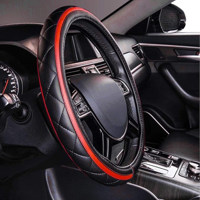 CAR PASS Sporty Quilting Leather Universal Fit Steering Wheel Cover, Fit - Image 3