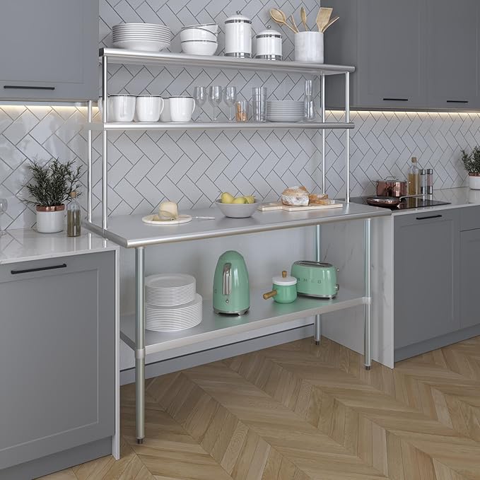 Amgood Stainless Steel Work Table Double Tier Overshelf | Metal Kitchen Prep - Image 5