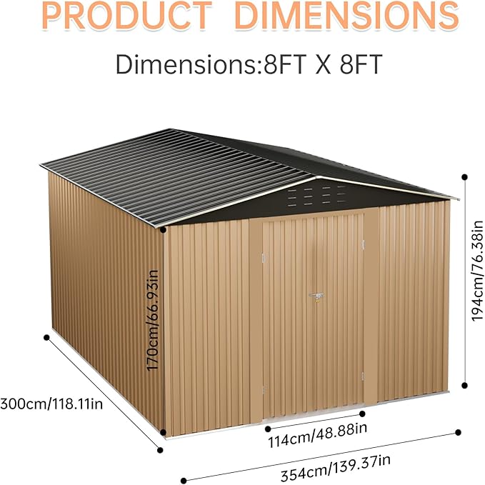 8X8FT Outdoor Metal Storage Shed, Lockable Weatherproof Garden Shed - Image 2