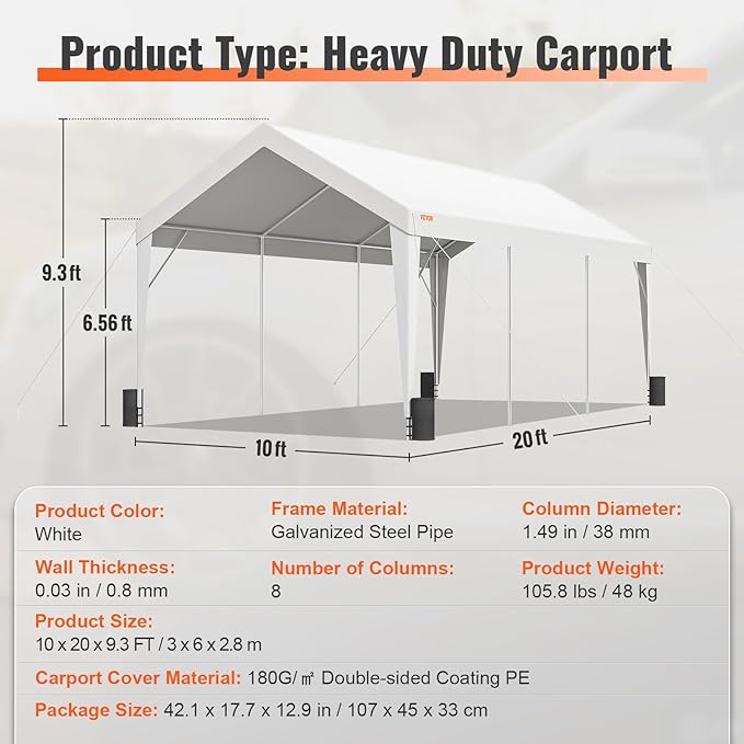 VEVOR Upgraded 10x20 ft Heavy Duty Carport Car Canopy, Car Port Garage Boat - Image 8
