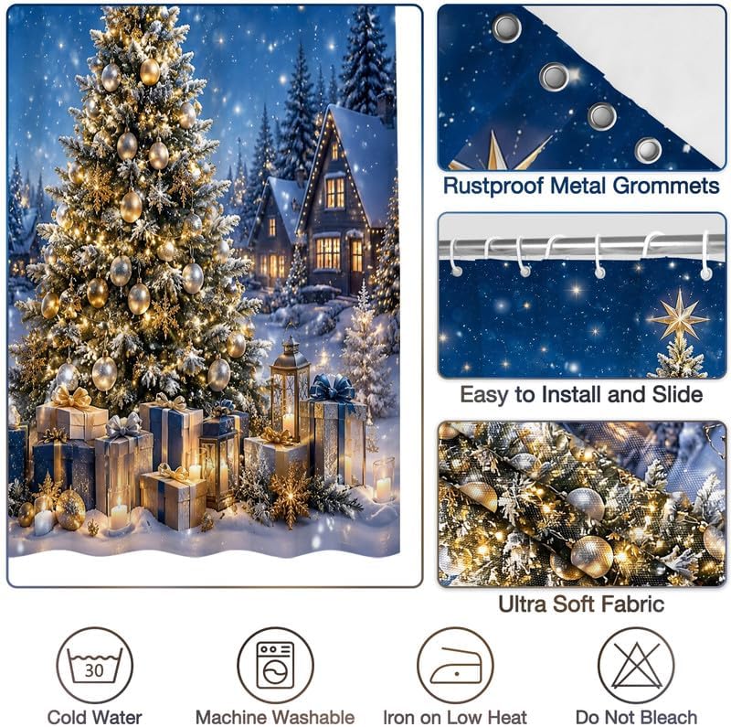 Christmas Tree Shower Curtain, Winter Village Blue Xmas Pine Trees - Image 4
