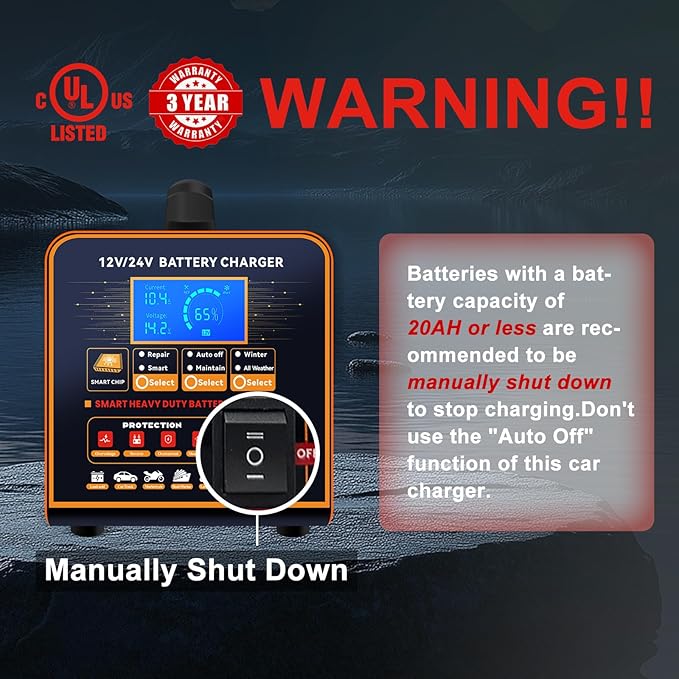 SolaMr 12V 24V Heavy Duty Car Battery Charger, 0-20A Trickle Charger - Image 6