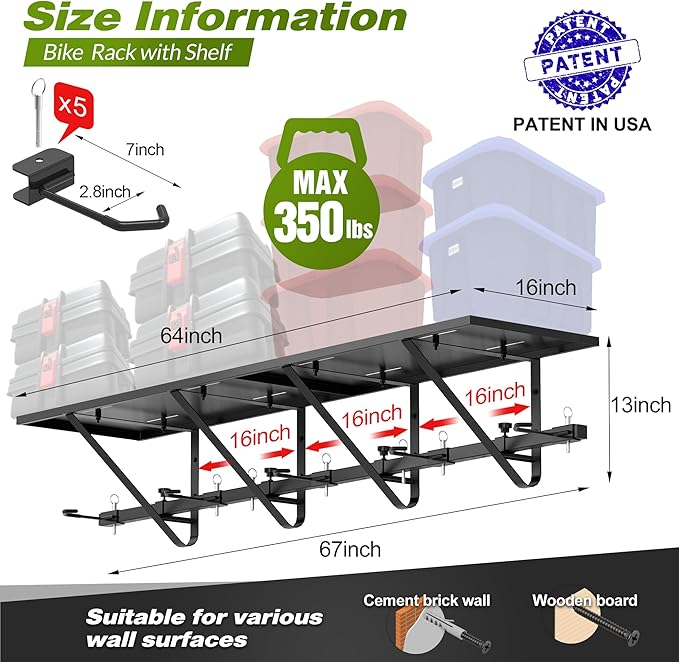 Bike Storage Rack with Shelf, Bike Wall Mount Garage Stand, Bike Hanger Storage - Image 6