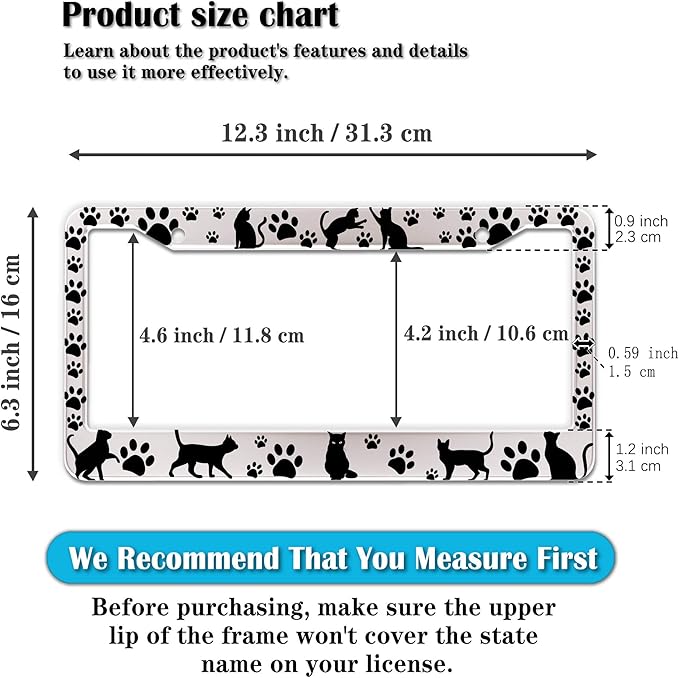 License Plate Frames Black and White License Plate Cover Kitty Cat Pawprints - Image 2
