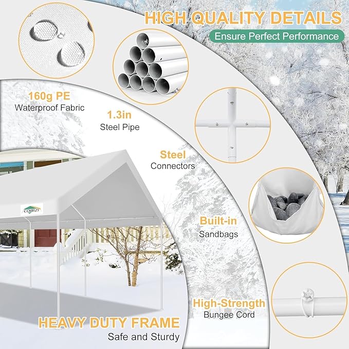 COBIZI Carport 12x20ft Heavy Duty Portable Garage, 2.0 Powder Coated Frame - Image 3