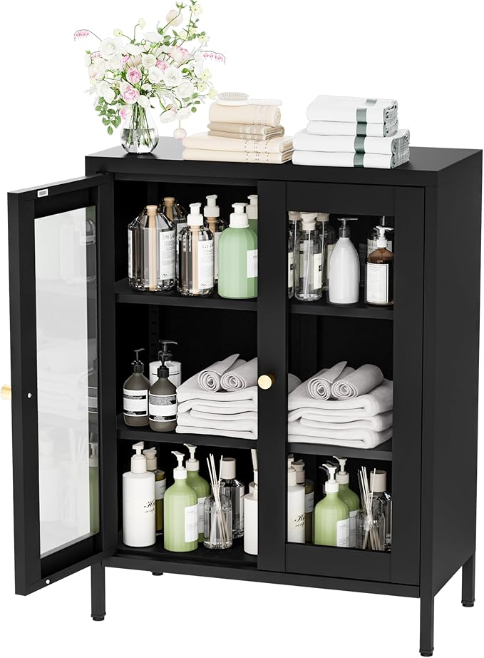 Metal Bathroom Cabinet with Glass Doors, Bathroom Floor Storage Cabinet with 2 - Image 6
