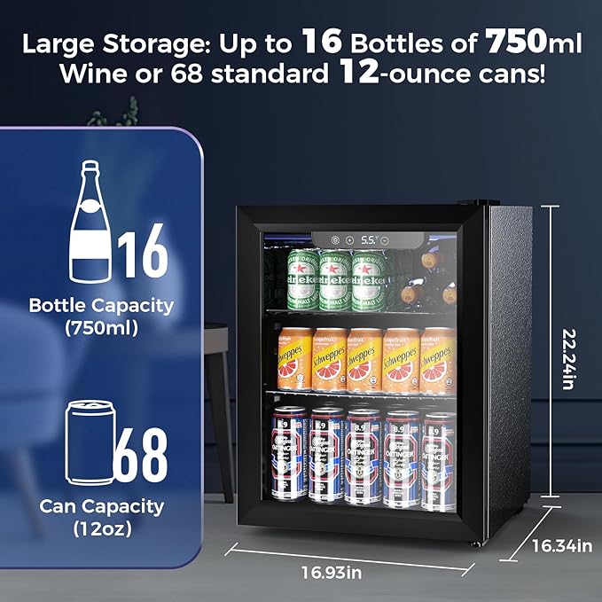 68 Cans Beverage Refrigerator Cooler, 1.7 cu.ft Mini Fridge Glass Door Drink - Image 2