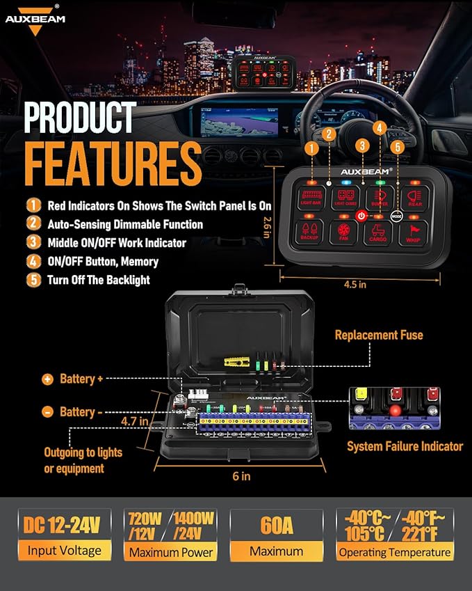 Auxbeam 8 Gang Switch Panel RA80 Toggle Momentary Pulsed RGB Dimmable - Image 2