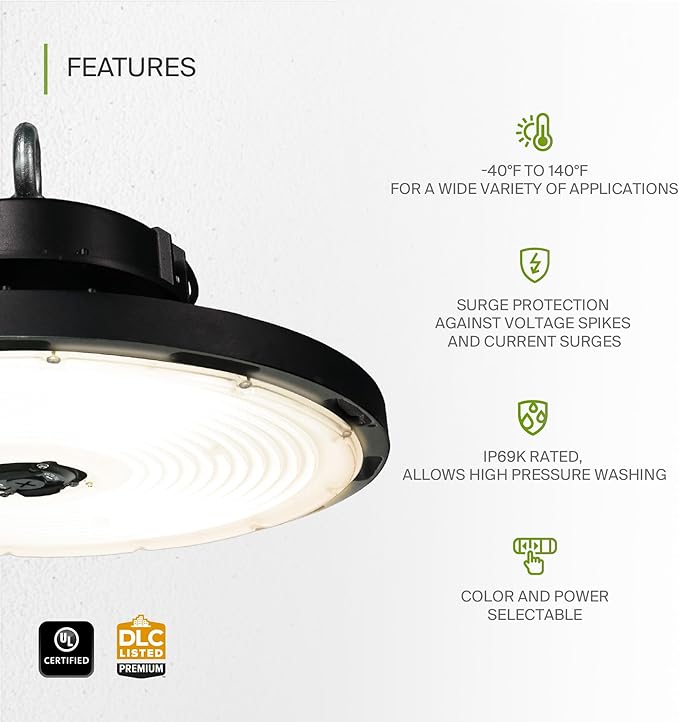 ASD LED High Bay UFO Light Fixture, Commercial Shop Lighting | 3CCT, IP69K - Image 3