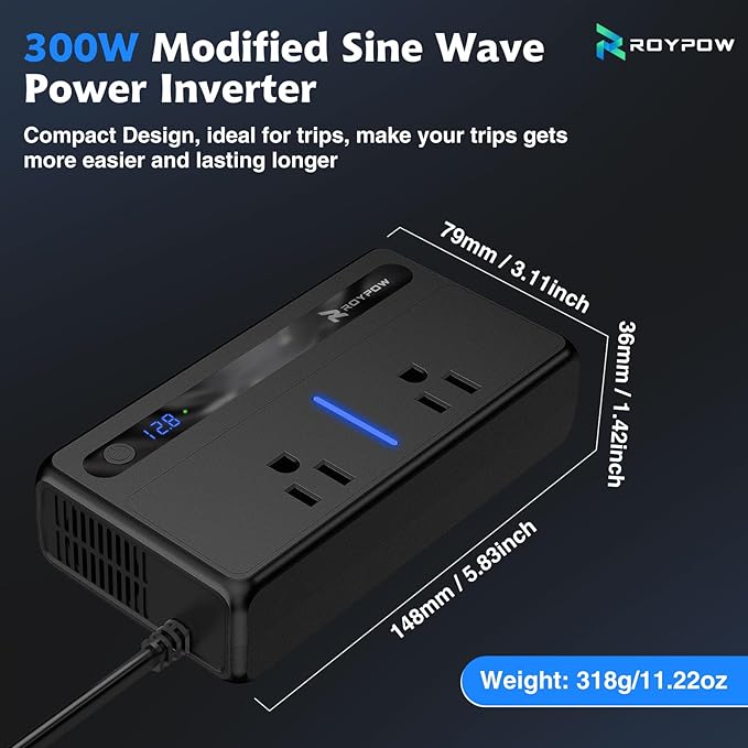 RoyPow 300W Car Power Inverter, DC 12V to 110V AC Power Inverter - Image 9