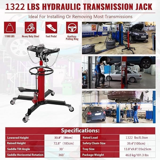 Transmission Jack with 1 Stage Hydraulic Ram, 1322 LBS Hydraulic Telescoping - Image 3