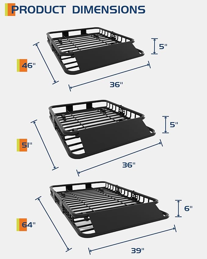 51" x 36" Universal Roof Rack Basket, 200 Lbs Capacity Rooftop Cargo Carrier - Image 3