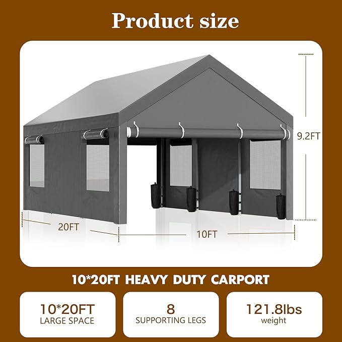 Walsunny Carport, 10x20 ft Heavy Duty Carport Canopy - Image 2