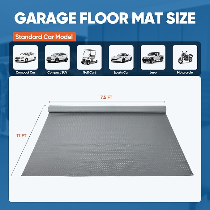 7.5 x 17 FT Garage Floor Mat, Thickened Diamond Plate PVC Garage Parking Mat - Image 2
