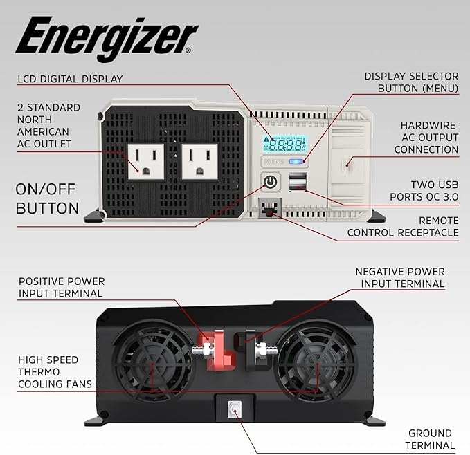 Energizer 3000W Pure Sine Wave Inverter 12V DC to 120V AC Converter - Image 4