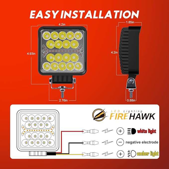Firehawk LED Light Pods Bar 4 Inch 30000LM 60W Square Spot Flood Amber White - Image 6